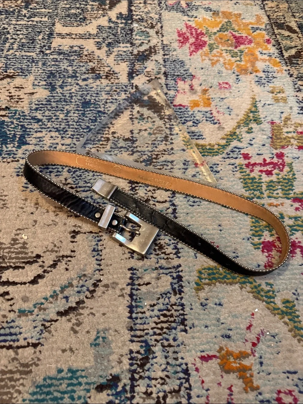 Vintage Black Leather Fame Belt with Silver-Tone Buckle and silver beaded edge